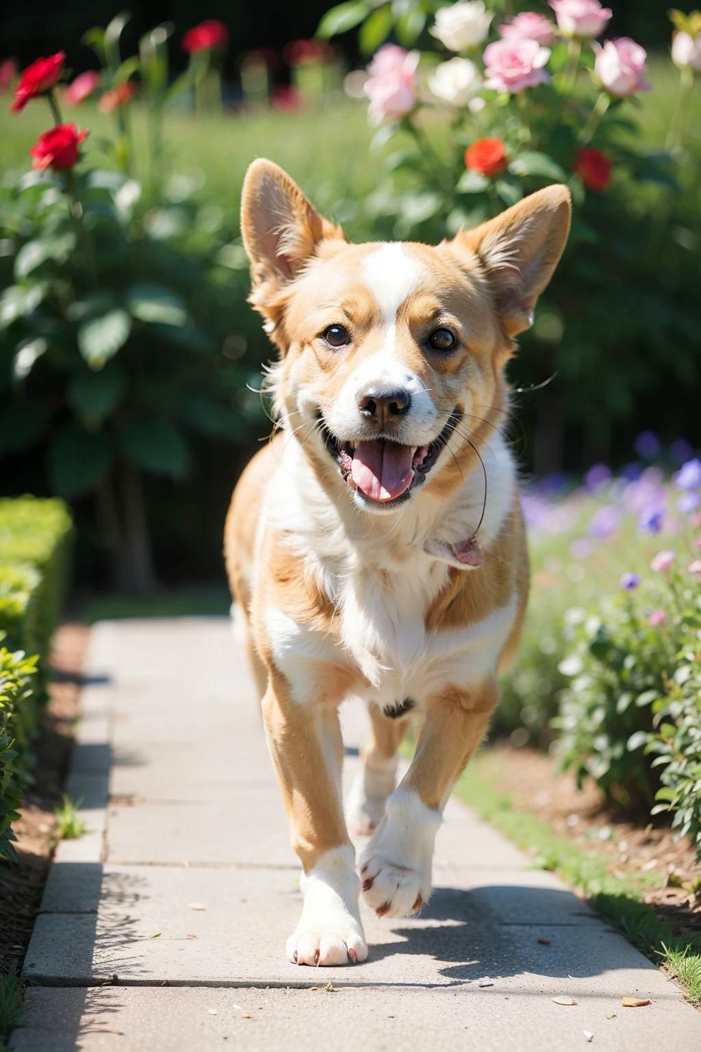 Cute short-legged Corgi in anime style，Running in a garden of roses