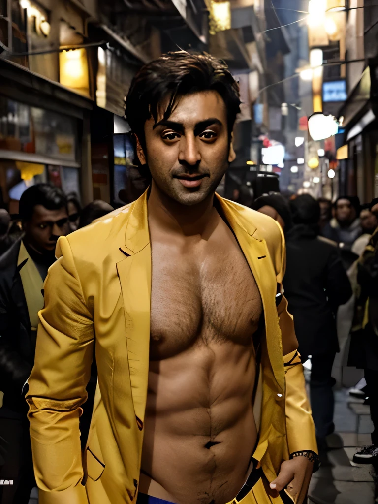 Ranbir kapoor goes shirtless in front of crowded people on a City Street.his nipple touched by the Guy. He gigles. He laugh. The wind blow the coat. He just wear the yellow suit with no Shirt inside.