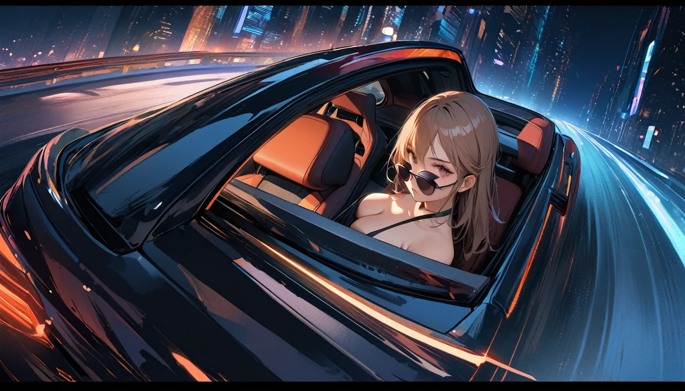 ((8k of extremely detailed CG unit, Masterpiece, high resolution, highest quality, highest quality real texture skin)), (((Driving a car by holding the steering wheel))), (((Highway at night))), (((Japanese style headphones))), (((sunglasses))), (((back shot))), ((1 girl)), (Surreal, digital painting)