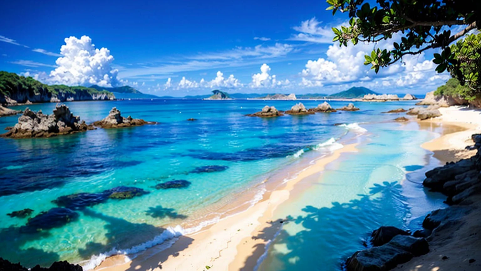 landscape, summer, blue sky, Okinawa, private Beach, Cove, Ocean, unmanned, Beach, Nobody, Hot Weather, sun, HD detailed, Super detailed, movie, Hyperrealism, Soft Light, Deep focus bokeh, Ray Tracing, gwise on art station pixiv, makoto shinkai, art germ