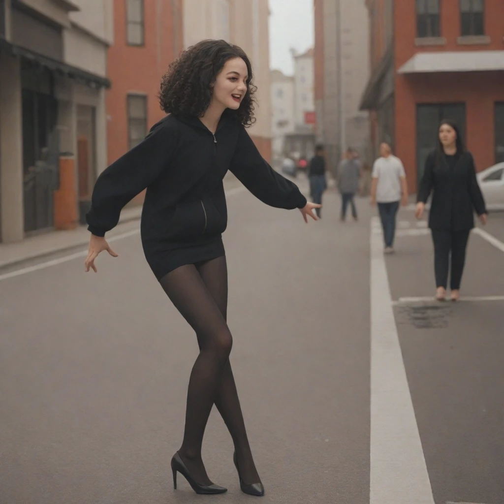 Tatiana Lobao in black tights and high heels posing on the street, grosso, vestindo roupas pretas justas, roupa apertada, terno de corpo inteiro apertado, roupas pretas justas, grande saque, shot Pelo lado, espesso, vestindo terno apertado, em terno de spandex, traje apertado, body preto colante, elastano preto, Pelo lado