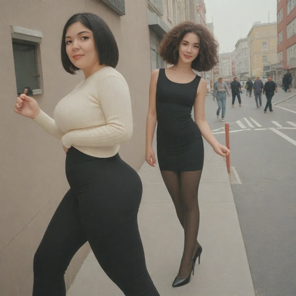 Tatiana Lobao in black tights and high heels posing on the street, grosso, vestindo roupas pretas justas, roupa apertada, terno de corpo inteiro apertado, roupas pretas justas, grande saque, shot Pelo lado, espesso, vestindo terno apertado, em terno de spandex, traje apertado, body preto colante, elastano preto, Pelo lado