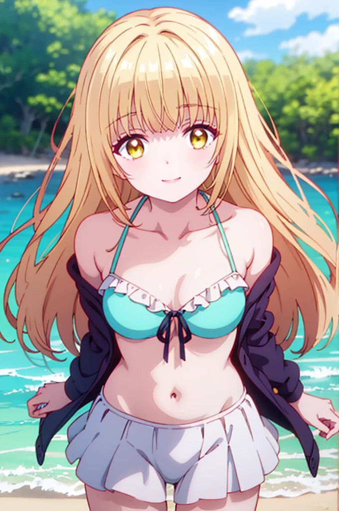 (8K),(anime colored),(masterpiece), (best quality), ((ultra-detailed)), (illustration), (an extremely delicate and beautiful),1girl,solo, mahiru shiina, bangs, blonde hair, brown hair, (yellow eyes:1.3), long hair, smile, frilled bikini, cowboy , wide shot, bird's eye view, looking viewer, sexy pose, outdoor, dazzling sunlight, (sandy beach1), (feathers1.3)