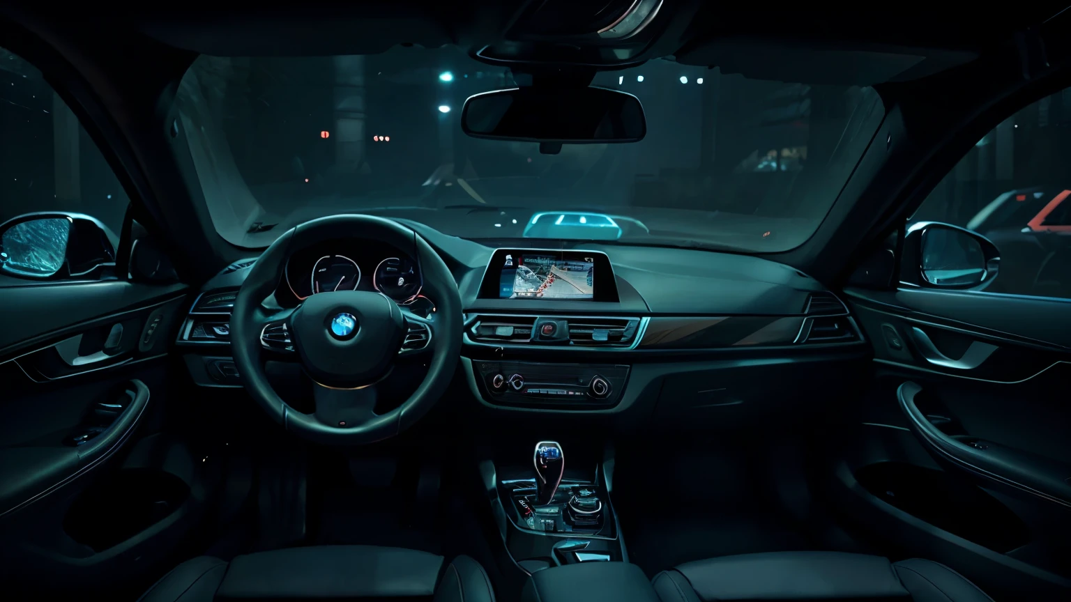 Close-up of car dashboard with steering wheel and dashboard lights, Glowing blue interior parts, detailed Ambient Lighting, Glowing internal components, neon Ambient Lighting, mysterious Ambient Lighting, dim Ambient Lighting, Ambient Lighting from top, gurney with Ambient Lighting, dramatic Ambient Lighting, bright Ambient Lighting, Ambient Lighting, BMW, the console is tall and imposing