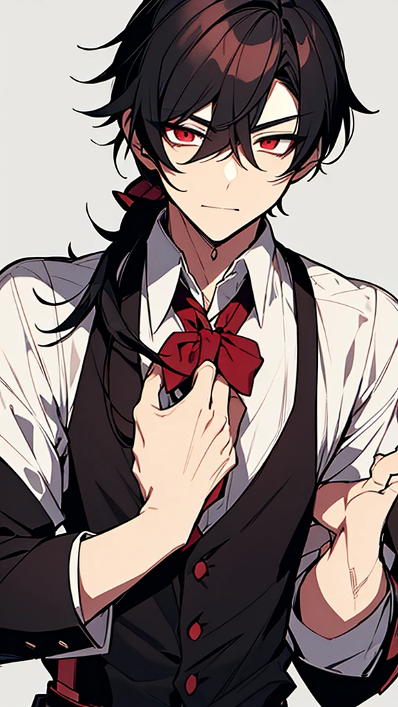 Sasae Hatsushimi. as a young gentleman he muscular: athletic with a pale face, pure black hair (which is tied in a loose ponytail) and blood red eyes along with handsome features. He wears a long-sleeved collared shirt with suspenders and dark pants. and he is a Inventor