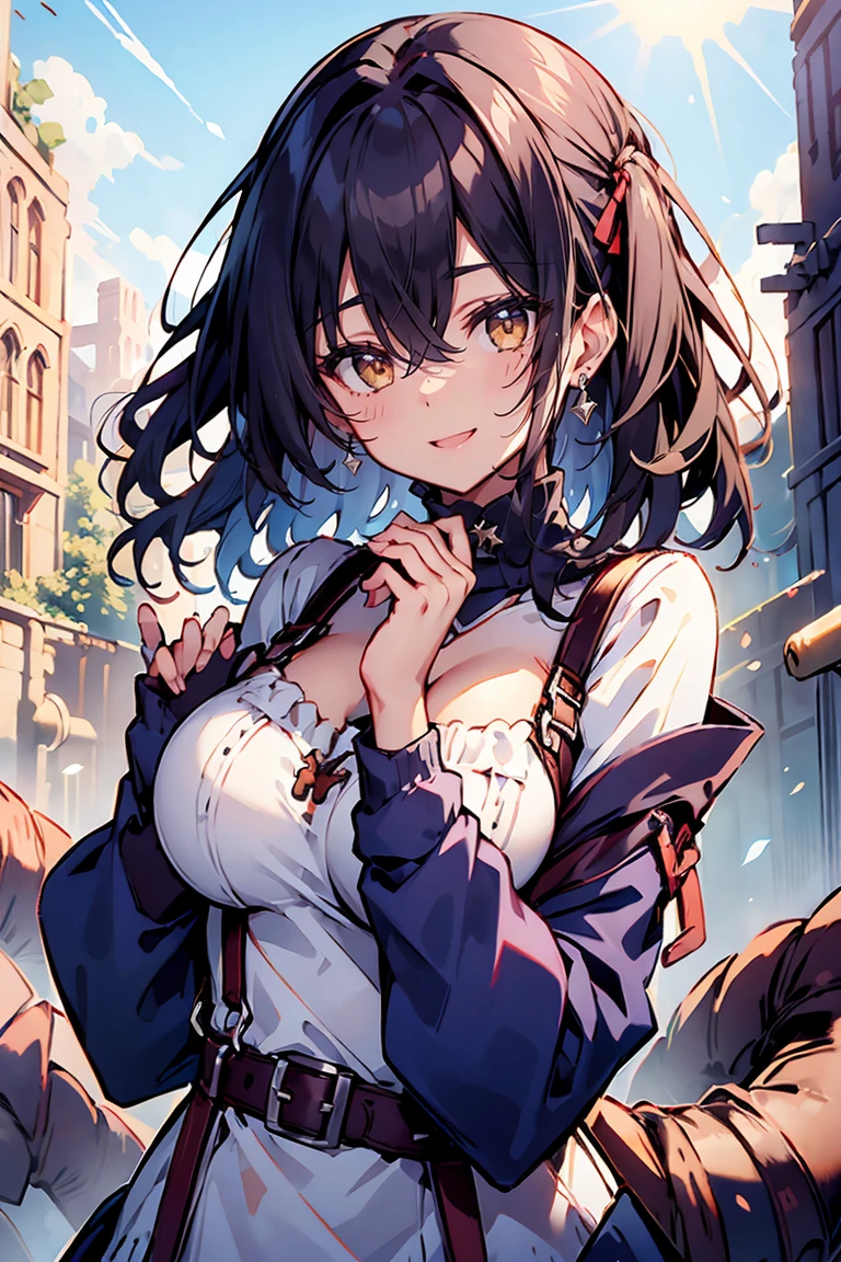 (masterpiece:1.2), (high quality:1.2), girls with((black hair, (tits cleavage:1.15), (waving is hands:1.2), (breasts close up:1.15), (suspenders:1.2), (dress:0.65), (blue clothes:1.05), (belts:0.7), (frills shirt:1.2), (white knit sweater:1.2), camisole, exposed breasts, straps, (turtleneck clothes:1.1), (cross:1.05), upper body, (facial mark:1.15), (centipede tattoos:1.2), (long wavy hair:1.2), (one side up:1.2), nun, long sleeves, (perfect hands:1.05), (five fingers:1.05))), background with((fantasy world, ruin, castle, beautiful sky, shining sky, sunshine))