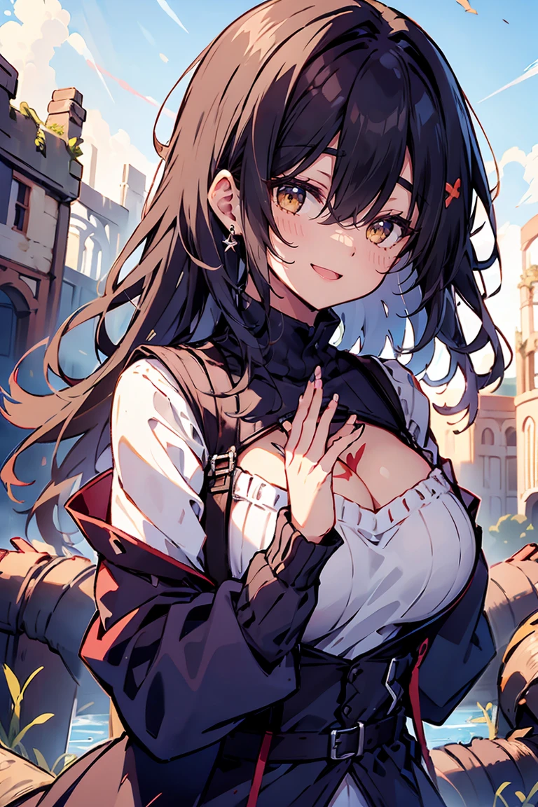 (masterpiece:1.2), (high quality:1.2), girls with((black hair, (tits cleavage:1.15), (waving is hands:1.2), (breasts close up:1.15), (suspenders:1.2), (dress:0.65), (blue clothes:1.05), (belts:0.7), (frills shirt:1.2), (white knit sweater:1.2), camisole, exposed breasts, straps, (turtleneck clothes:1.1), (cross:1.05), upper body, (facial mark:1.15), (centipede tattoos:1.2), (long wavy hair:1.2), (one side up:1.2), nun, long sleeves, (perfect hands:1.05), (five fingers:1.05))), background with((fantasy world, ruin, castle, beautiful sky, shining sky, sunshine))