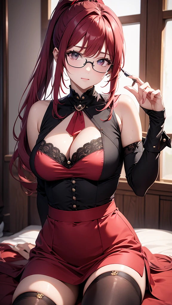 Masterpiece, top quality, highly detailed, Beautiful mature girl wearing black frame glasses, long pink hair ponytail with bangs,Black uniform with red trim, red tie and thigh-high black stockings