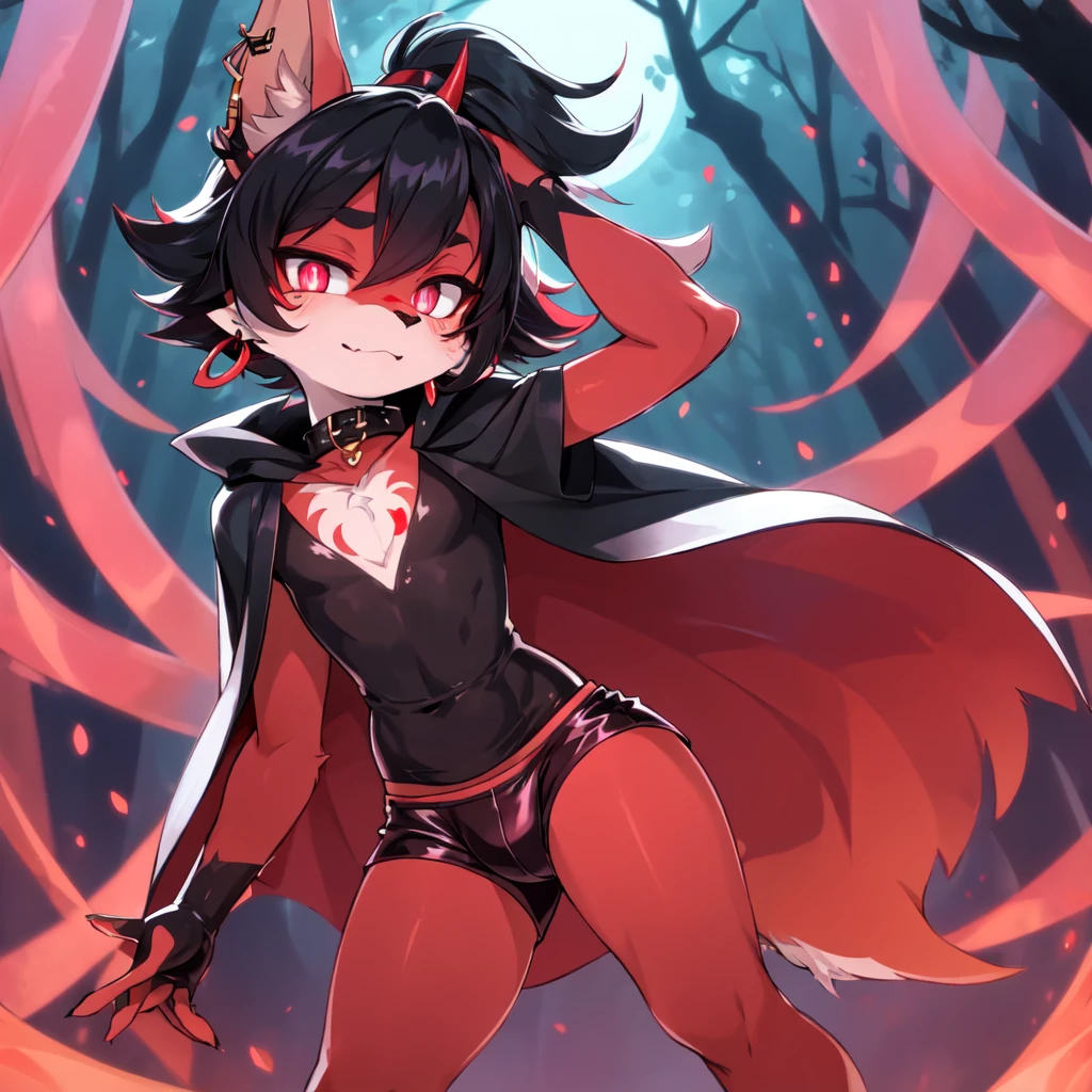 (furry:1.2), rabbit lip male, pink eyes, red skin, black hair, bunny nose, cute, ultra cute face, black hair, short hair ponytail, ears covered by hair black hand, bunny feet, black feet, bare feet, Heart-shaped mark on chest, (ultra detailed), shy, soft, (detailed fur:1.2), beautiful lights and shadows, sharp focus, looking at viewer, (body fur:1.2), (masterpiece), short demon horn, demon elements on body, (Depth of Field), (detail), red hairpin, earrings, rubber collar, dolphin shorts, bulge, cloak, nude, with rich contrasting tones of black and red, handsome, normal body type, Acting cute, standing in the night forest, light magic, girly act, ((solo, The only person))