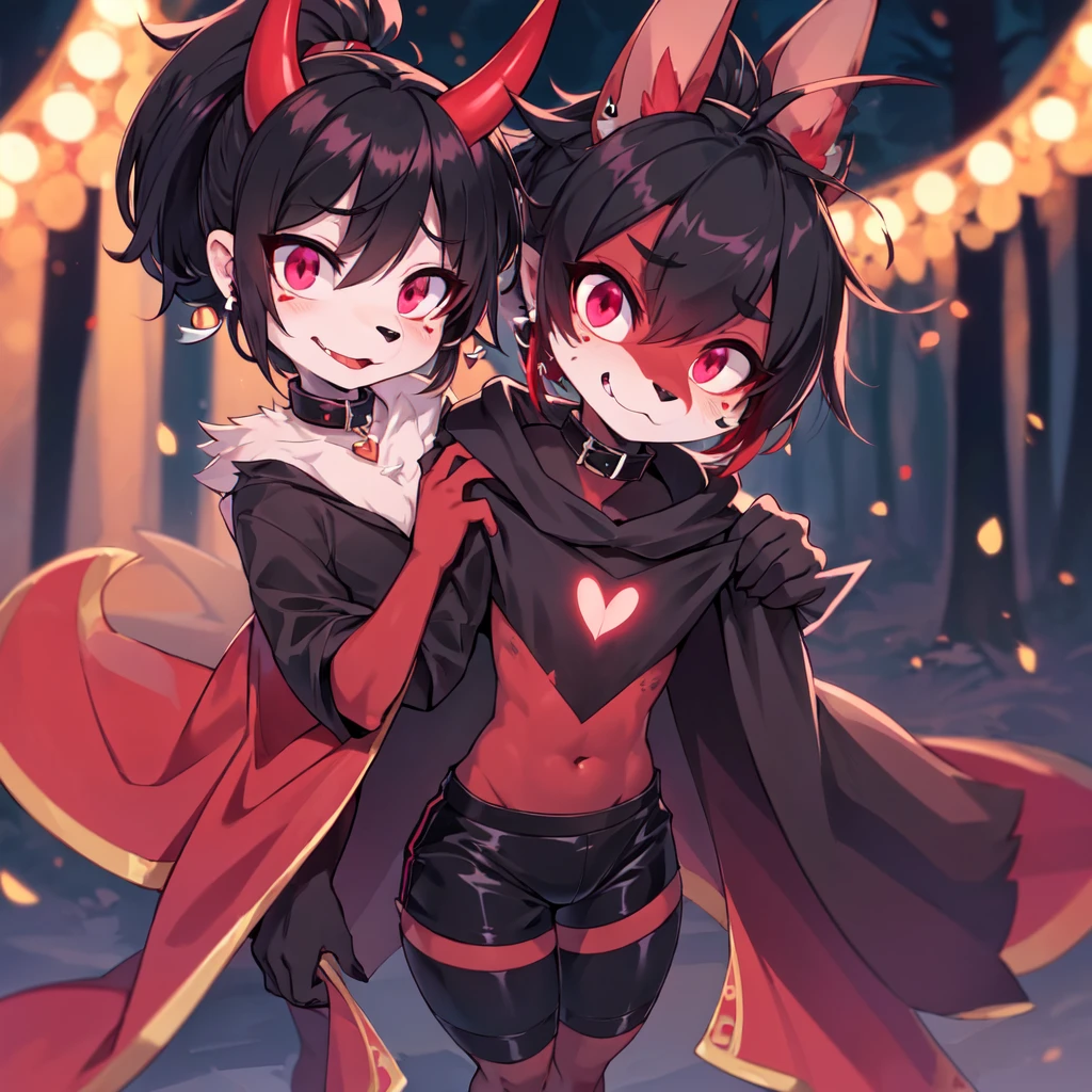 (furry:1.2), rabbit lip male, pink eyes, red skin, black hair, bunny nose, cute, ultra cute face, black hair, short hair ponytail, ears covered by hair black hand, bunny feet, black feet, bare feet, Heart-shaped mark on chest, (ultra detailed), shy, soft, (detailed fur:1.2), beautiful lights and shadows, sharp focus, looking at viewer, (body fur:1.2), (masterpiece), short demon horn, demon elements on body, (Depth of Field), (detail), red hairpin, earrings, rubber collar, dolphin shorts, bulge, cloak, nude, with rich contrasting tones of black and red, handsome, normal body type, Acting cute, standing in the night forest, light magic, girly act, ((solo, The only person))