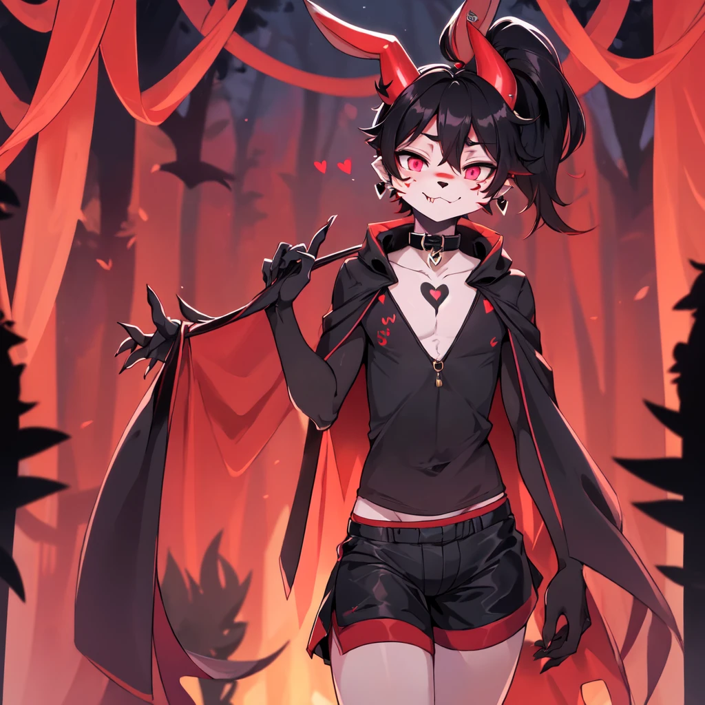 (furry:1.2), rabbit lip male, pink eyes, red skin, black hair, bunny nose, cute, ultra cute face, black hair, short hair ponytail, ears covered by hair black hand, bunny feet, black feet, bare feet, Heart-shaped mark on chest, (ultra detailed), shy, soft, (detailed fur:1.2), beautiful lights and shadows, sharp focus, looking at viewer, (body fur:1.2), (masterpiece), short demon horn, demon elements on body, (Depth of Field), (detail), red hairpin, earrings, rubber collar, dolphin shorts, bulge, cloak, nude, with rich contrasting tones of black and red, handsome, normal body type, Acting cute, standing in the night forest, light magic, girly act, ((solo, The only person))