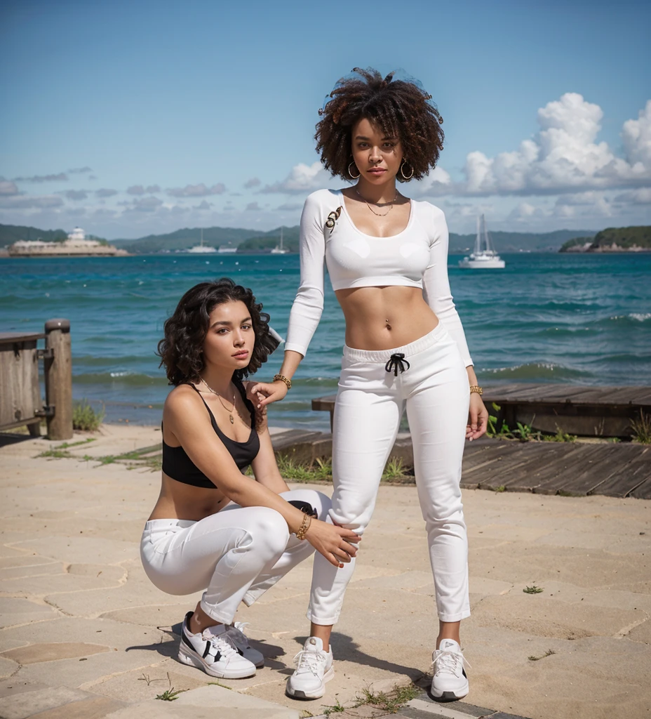A Pier brunette girl with afro hair, a two-piece set, black top, white pants, black tennis shoes, complete with jewelry.