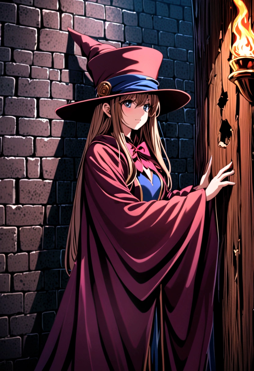 dark fantasy, Everything in dark tones, robes are brown and dark. A magician girl in a magician's hat with large sides stands in an open magic robe, leaning his back on the dungeon wall.