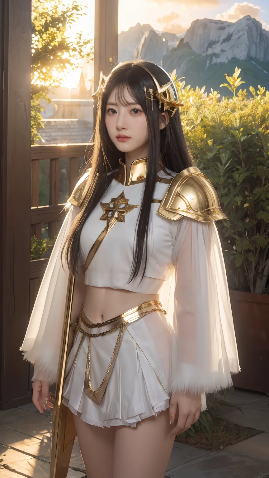 ((masterpiece, best quality, extremely detailed), volumetric lighting, ambient occlusion, colorful, glowing), 1girl, solo, young girl, (black fluffy hair without bangs), long hair, halo, aura, sacred, goddess, cleric suit, (white outfit with gold detailst:1.3), armor, outdoors, sunset, sky, clouds, space, (fantasy theme:1.2),