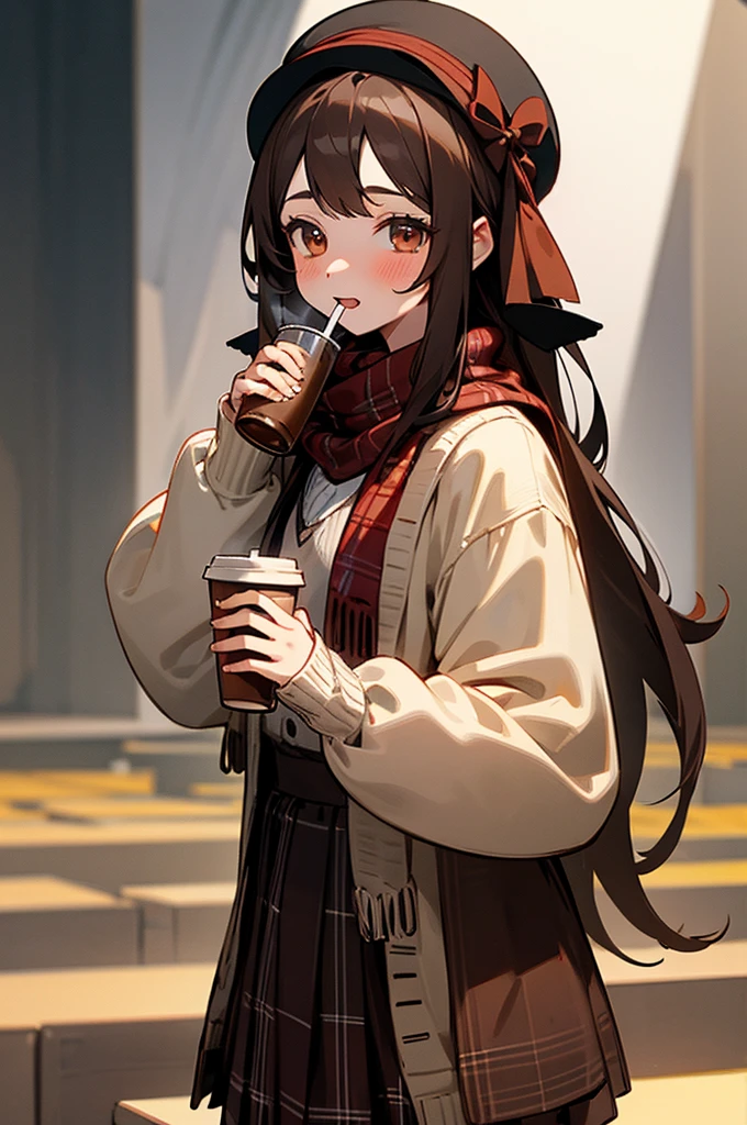 One girl, 紅leaf, bangs, Black Hat, Blurred Background, blush, Brown eyes, Brown Hair, brown scarf, brown skirt, cardigan, coffee, Cowboy Shot, cup, disposable cup, drink, 落ちleaf, Beanie, Holding, Holding drink, leaf, Long Hair, Long sleeve, View your viewers, open cardigan, Open your mouth, Plaid, Plaid skirt, puffy Long sleeve, red sweater, scarf, shirt, shirt tucked in, Side Lock, skirt, smile, alone, sweater, white shirt, Very detailed, complicated, masterpiece, Absurd