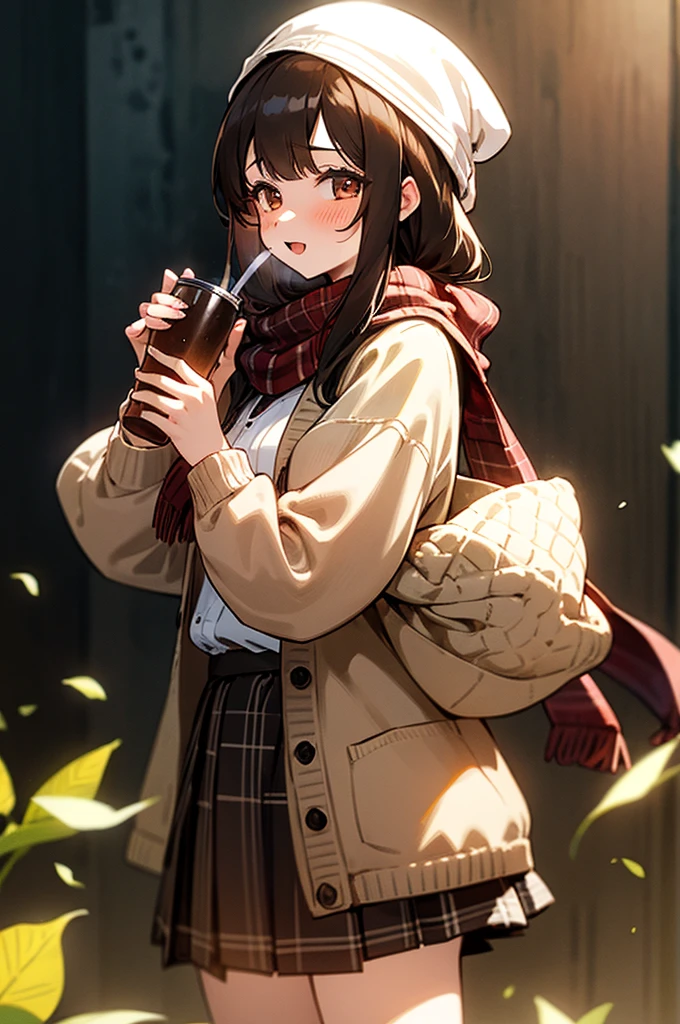 One girl, 紅leaf, bangs, Black Hat, Blurred Background, blush, Brown eyes, Brown Hair, brown scarf, brown skirt, cardigan, coffee, Cowboy Shot, cup, disposable cup, drink, 落ちleaf, Beanie, Holding, Holding drink, leaf, Long Hair, Long sleeve, View your viewers, open cardigan, Open your mouth, Plaid, Plaid skirt, puffy Long sleeve, red sweater, scarf, shirt, shirt tucked in, Side Lock, skirt, smile, alone, sweater, white shirt, Very detailed, complicated, masterpiece, Absurd