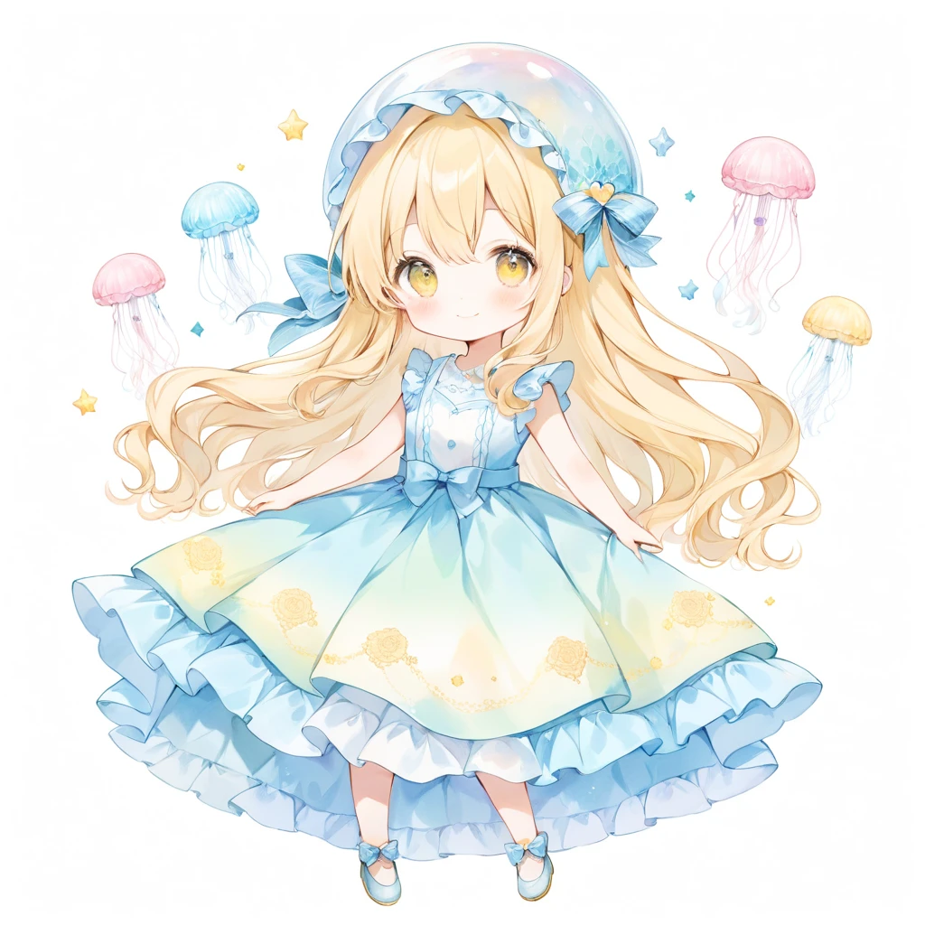 One girl, Long Hair, pastel colour, Portraiture, Medium chest, Line art, Simple Background, (watercolor:0.5)、(pastel colour:1.5)、(cute illustration:1.5)、(watercolor画:1.2)、(One Girl:1.0)、(Blonde:1.2)、Hair between the eyes、White Background、With a girl、Esbian all over、jellyfish、jellyfish girl, jellyfishのような傘、Puffy skirt dress、The skirt part is puffy、jellyfish pattern design, Good style、Double Layer Yellow Long Dress Skirt、Shine of the Heart、White and yellow motifs, Light yellow、cute, Flowers on head、jellyfish、cuteヘアアレンジ, length、Wavy Hair、smile, 1 Full Body Youth USB, Fantasy, Detailed Images、Spread your wings、cute shoes、smile、とてもcute、Adorable、Toyowa Toyowa、Calm、High resolution、high resolution