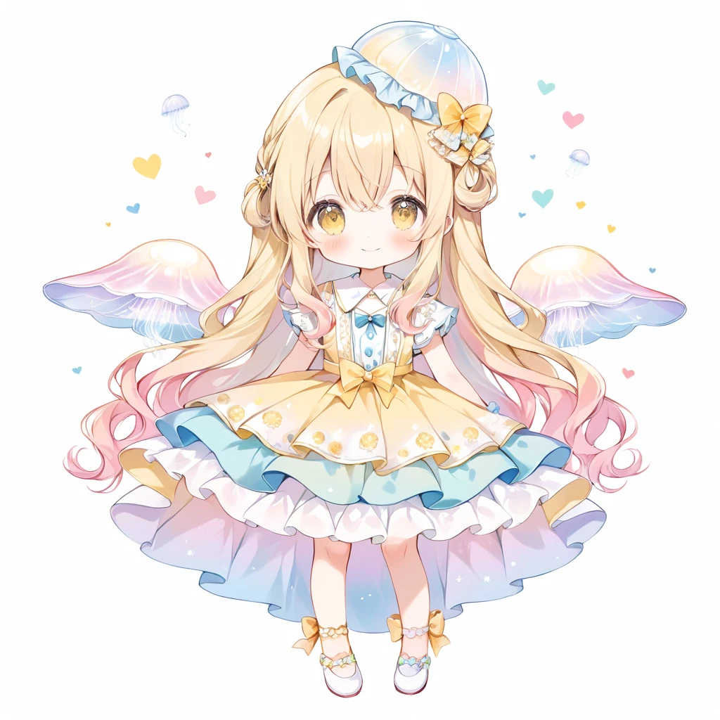 One girl, Long Hair, pastel colour, Portraiture, Medium chest, Line art, Simple Background, (watercolor:0.5)、(pastel colour:1.5)、(cute illustration:1.5)、(watercolor画:1.2)、(One Girl:1.0)、(Blonde:1.2)、Hair between the eyes、White Background、With a girl、Esbian all over、jellyfish、jellyfish girl, jellyfishのような傘、Puffy skirt dress、The skirt part is puffy、jellyfish pattern design, Good style、Double Layer Yellow Long Dress Skirt、Shine of the Heart、White and yellow motifs, Light yellow、cute, Flowers on head、jellyfish、cuteヘアアレンジ, length、Wavy Hair、smile, 1 Full Body Youth USB, Fantasy, Detailed Images、Spread your wings、cute shoes、smile、とてもcute、Adorable、Toyowa Toyowa、Calm、High resolution、high resolution