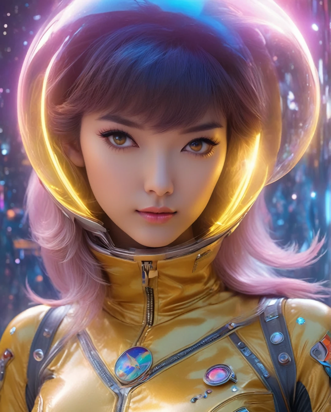 a girl, thunder yellow jacket, tight suit,Space helm of the 1960s,and the anime series G Force of the 1980s,Darf Punk wlop glossy skin, ultrarealistic sweet girl, space helm 60s, holographic, holographic texture, the style of wlop, space,..... (best quality,4k,8k,highres,masterpiece:1.2),ultra-detailed,(realistic,photorealistic,photo-realistic:1.37),alternative reality,telepathic,psychic powers,mind reading,third eye,mind bending,intense gazing,parallel universe,Yoshitaka Amano style,dreamlike,fantasy,vivid colors,soft lighting