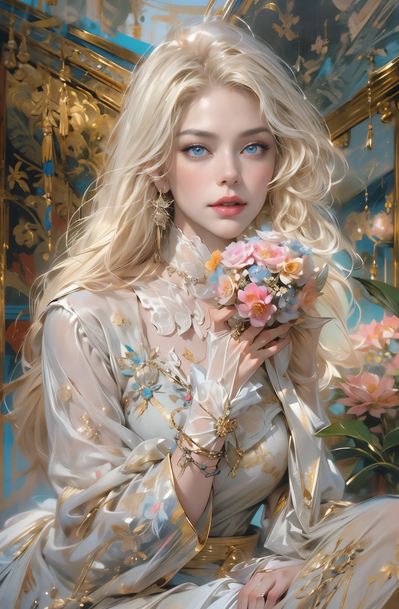 Paris at the beginning of the 20th century, Countess Cagliostro , A rare female thief, elusive, Female boss of the bandit gang, Beautiful blonde, A white woman with blue eyes is standing there., A fantastic atmosphere, Between dream and reality, Beautiful Platinum Blonde, very fine and beautiful eyes, Beautiful and delicate blue eyes, Translucent white skin, Rosy lips, Very sharp beauty, Noble and elegant beauty, Appearance of an aristocratic woman from a prominent family in the early 20th century, pretty much beautiful face, Captivating woman, Very stylish woman, Elegant and noble beauty, Beautiful and stylish dresses, A woman who looks about 27 years old, Five-fingered hand, Lots of flowers, Gorgeous and luxurious, photograph:Pamela Drew, tumbler, Minimalism, Nicole Kidman, portrait of Nicole Kidman, young Nicole Kidman, wonderful芸術, actor, Nice, Oscar winners, Charlize, Breathtaking art, Hollywood actress, Claudia Schiffer, Chen Yifei, Female painting, Lots of flowers, Vivid and colorful paintings, Glamorous and luxurious, Chen Yifeiに影響を与えた作品, Works that influenced Francesco Hayes, Inspired by Hendrik Terbruggen, Jean=Works that influenced Auguste Dominique Ingres, Works that influenced Liu Jun, Jean=Works that influenced Auguste Dominique Ingres, artwork in the style of Switzerland, by ヤン・J, Switzerland, Beautiful Art UHD 4K, Detailed painting 4k, Beautiful digital art, Beautiful artwork illustration, Switzerland masterpiece, By Chen Yanjun, Lee Song, Highest quality, The perfect angle, Perfect composition, Best Shot, Official Art, Cinematic Light, Figurative art, Beautiful and expressive paintings, Beautiful artwork illustration, wonderful, Cool Beauty, clear, Muromachi Fantasy, mysterious, Highest quality, Official Art, Extremely delicate and detailed painting style, Beautiful and subtle effects, Elegant and beautiful painting art, The pinnacle of beauty in painting, Perfect light, Perfect composition, The perfect angle, Perfect subject, Best Shot, women only, Sharp contours, Face close-up