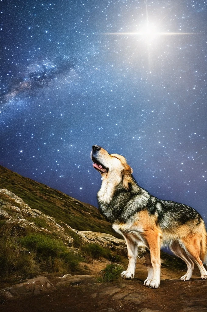 Wolf，Scream，Starry Sky，，Spectacular，Photorealistic style