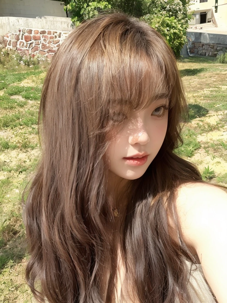 Honey Tea Flax Big Wave,长curls,Natural and beautiful hair,The background is simple and clean,curls