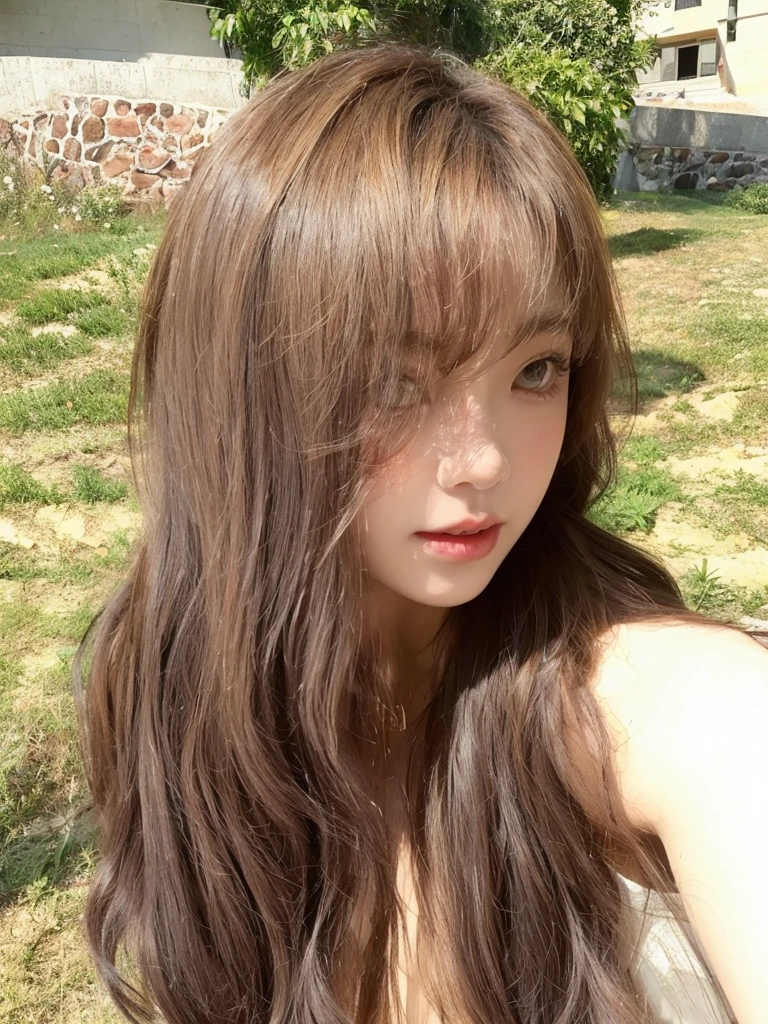 Honey Tea Flax Big Wave,长curls,Natural and beautiful hair,The background is simple and clean,curls