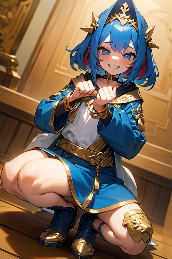 (masterpiece, Highest quality), Intricate details,, One girl, mouth, Multicolored Hair, blue eyes, Shark hair accessory, Gold Hair Ornament, gold choker, Gold Bracelets, Sharp teeth, Grin, Blue hoodie,, Greek clothing, Peplos,