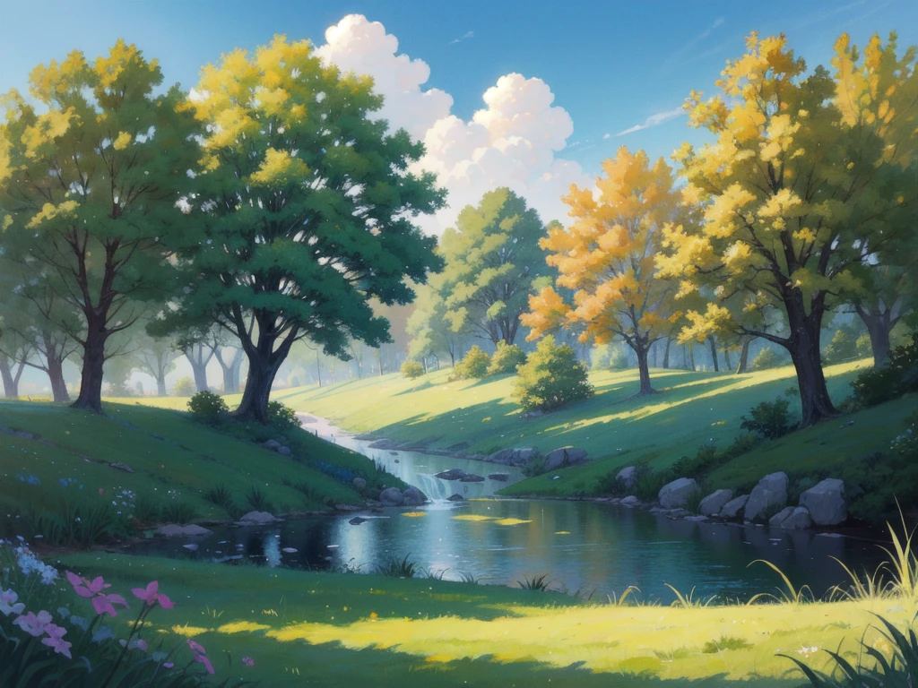 Painting a Summer Landscape - Capturing the Beauty and Serenity of a Sunny Day in the Countryside. The picture must be colorful and vivid., Warm colors and bold brushstrokes create lush landscapes., Gentle hills, And the blue sky. You can also include, Some trees, Or by painting a farmhouse in the background.、It can add depth and interest to your drawings.。. To create a sense of balance and harmony、Pay attention to the position of the elements and the overall composition of the painting。. Use your imagination and creativity、Bring your scenes to life on your canvas, Try different techniques and styles、Achieve the effect you want。.A vast, natural prairie、