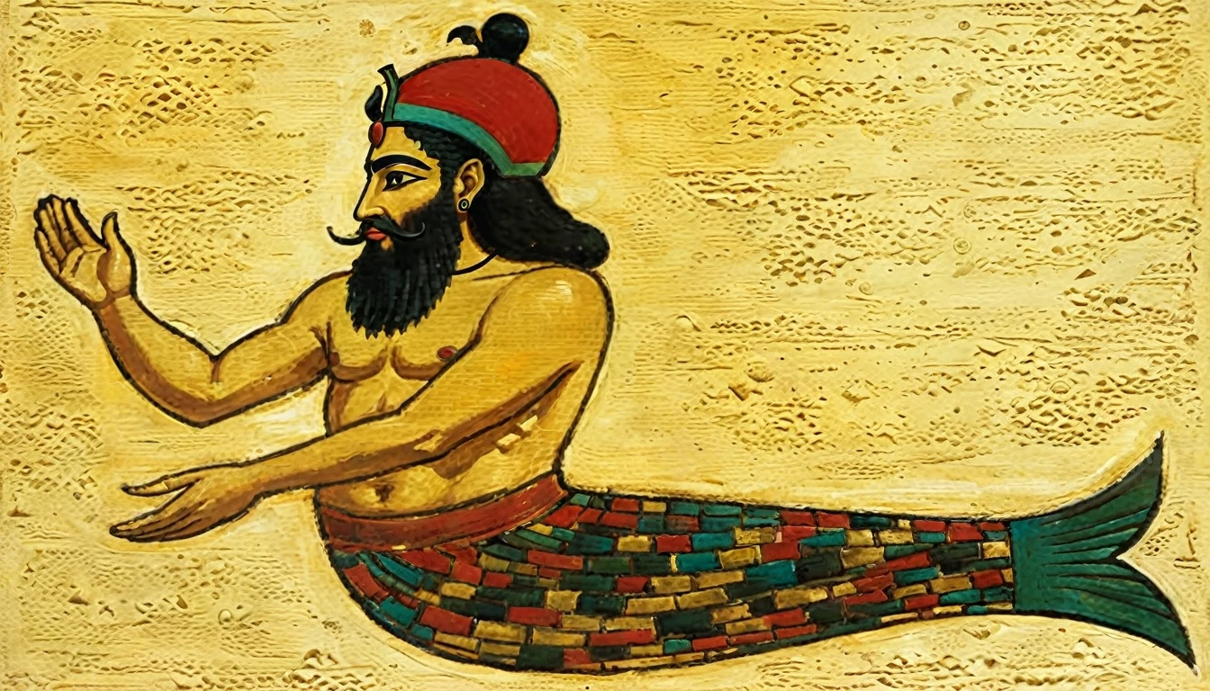 painting of a man with a beard and a hat sitting on a fish tail, wind egyptian god, historical artistic depiction, kemetic symbolism, kemetic, as an atlantean, the egyptian god, egyptian sumerian features, egyptian god, artistic depiction, sumerian, the god of the sea, the annunaki making humans