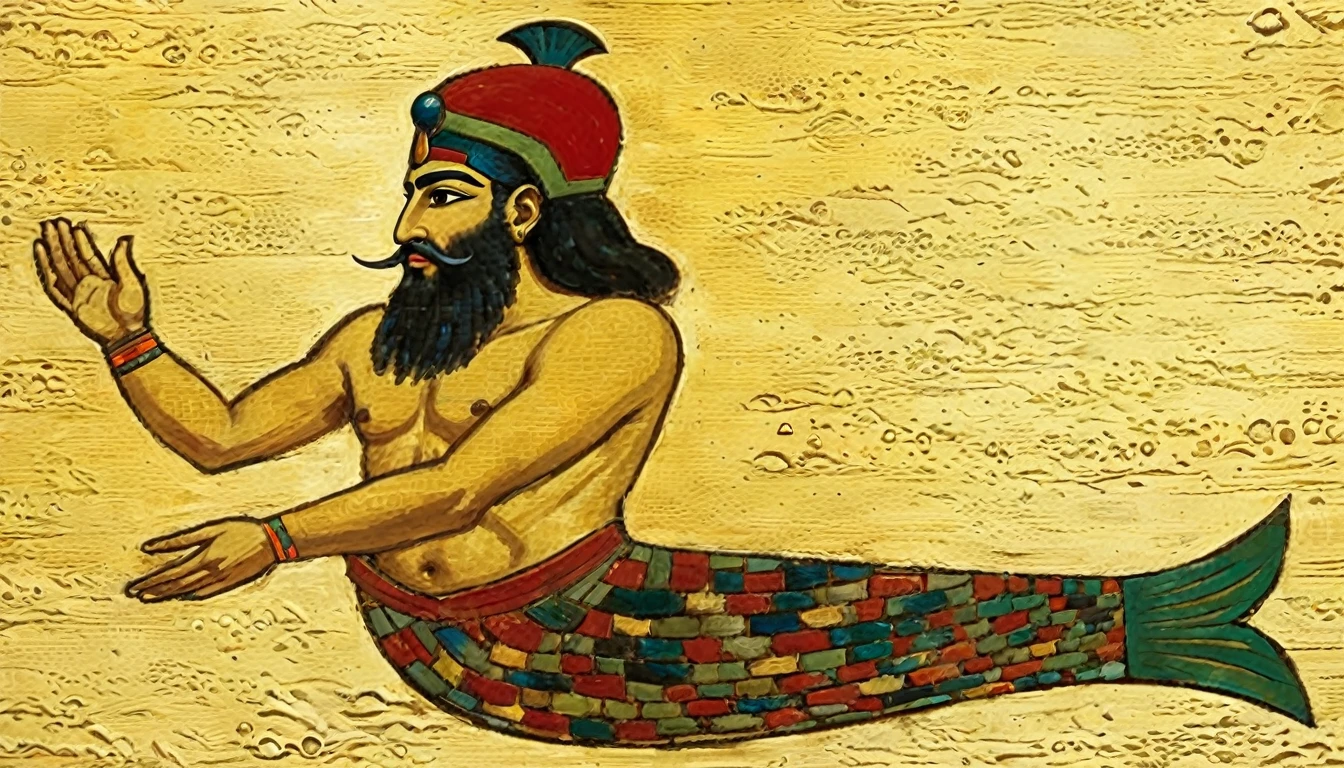 painting of a man with a beard and a hat sitting on a fish tail, wind egyptian god, historical artistic depiction, kemetic symbolism, kemetic, as an atlantean, the egyptian god, egyptian sumerian features, egyptian god, artistic depiction, sumerian, the god of the sea, the annunaki making humans