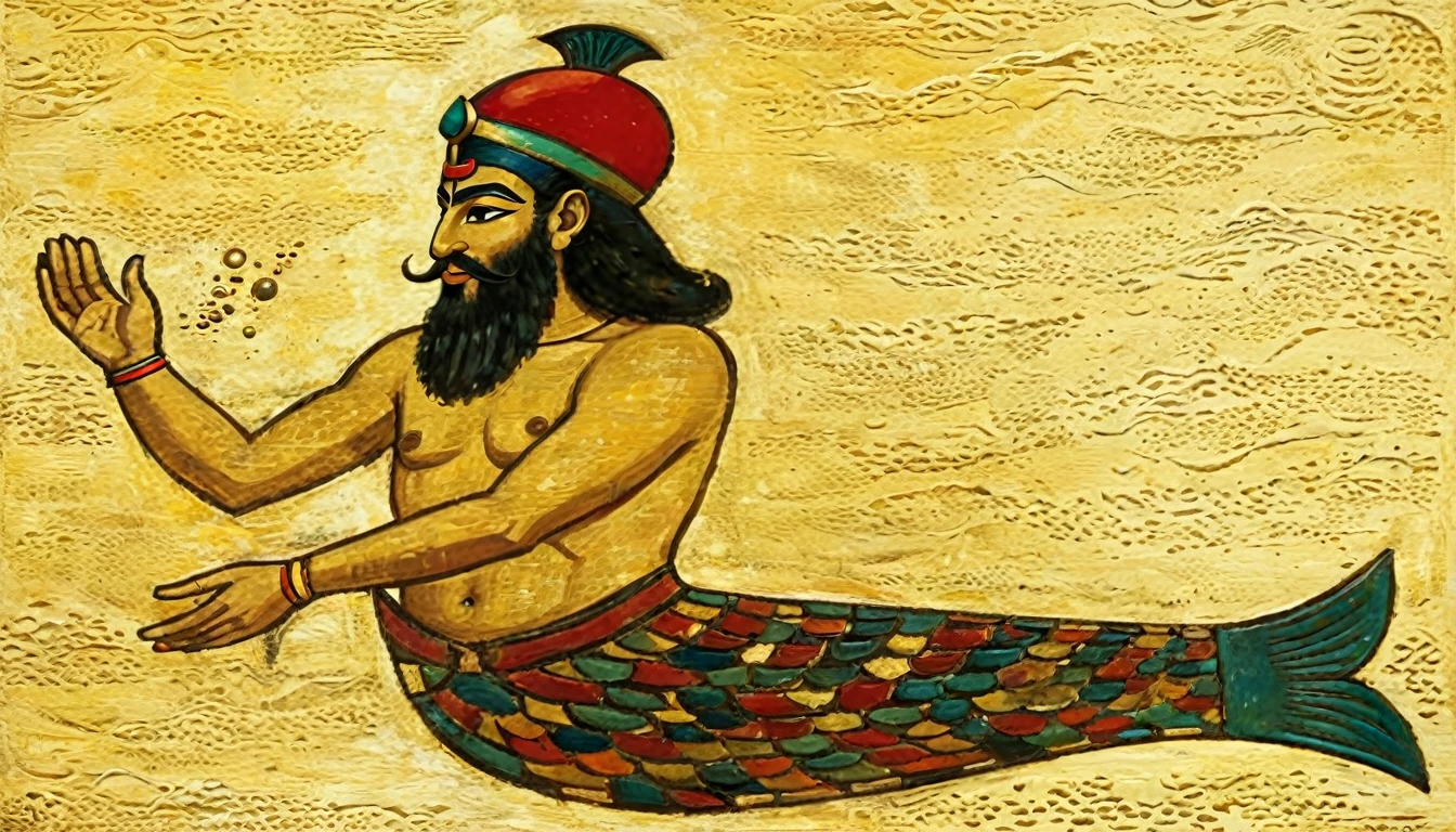 painting of a man with a beard and a hat sitting on a fish tail, wind egyptian god, historical artistic depiction, kemetic symbolism, kemetic, as an atlantean, the egyptian god, egyptian sumerian features, egyptian god, artistic depiction, sumerian, the god of the sea, the annunaki making humans