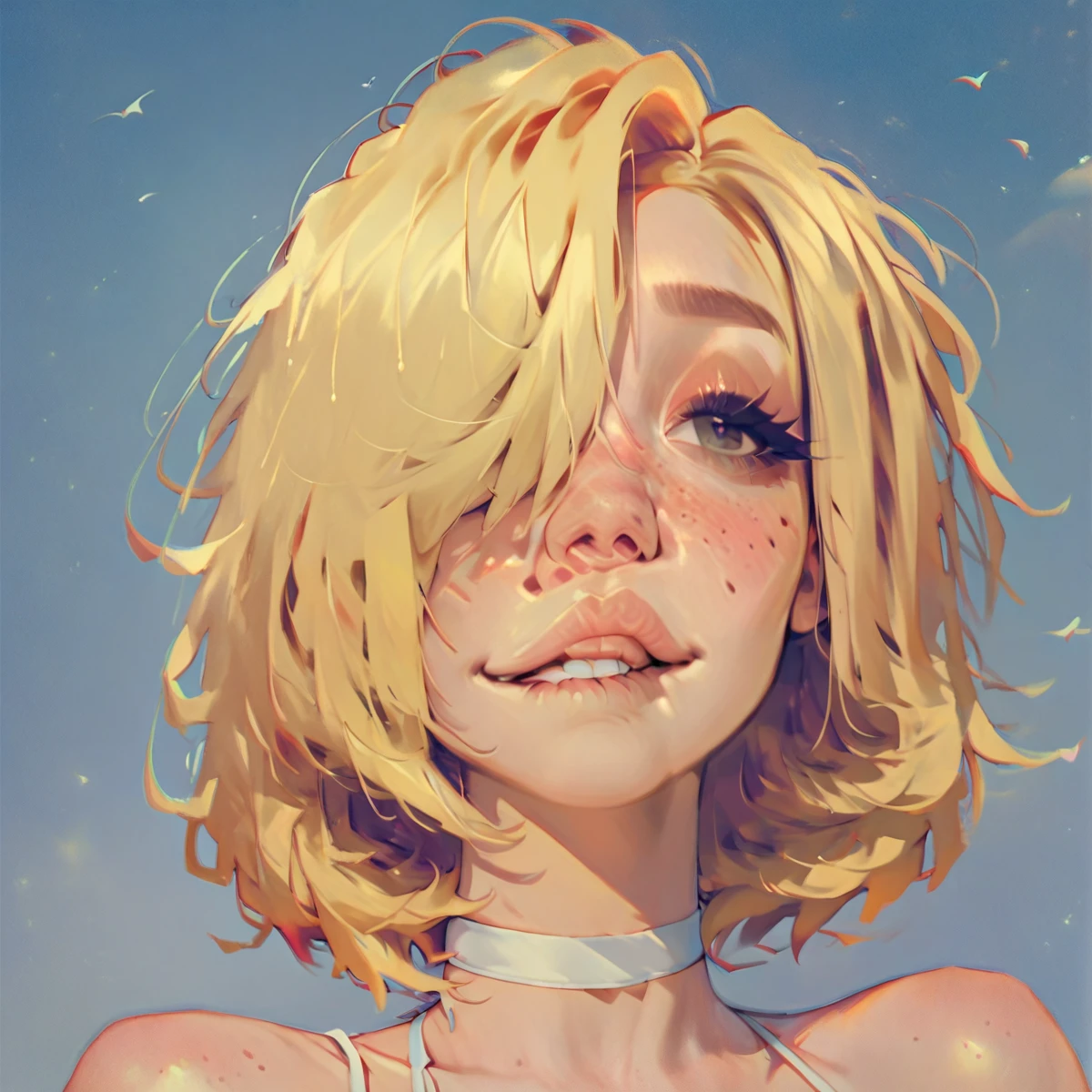 score_9,score_8_up,score_7_up,score_6_up,score_5_up,score_4_up, 1girl, pretty girl, blonde hair, bob cut, hair over 1 eye, cute nose. biting lip, seductive, white choker, pink lips, freckles, bikini