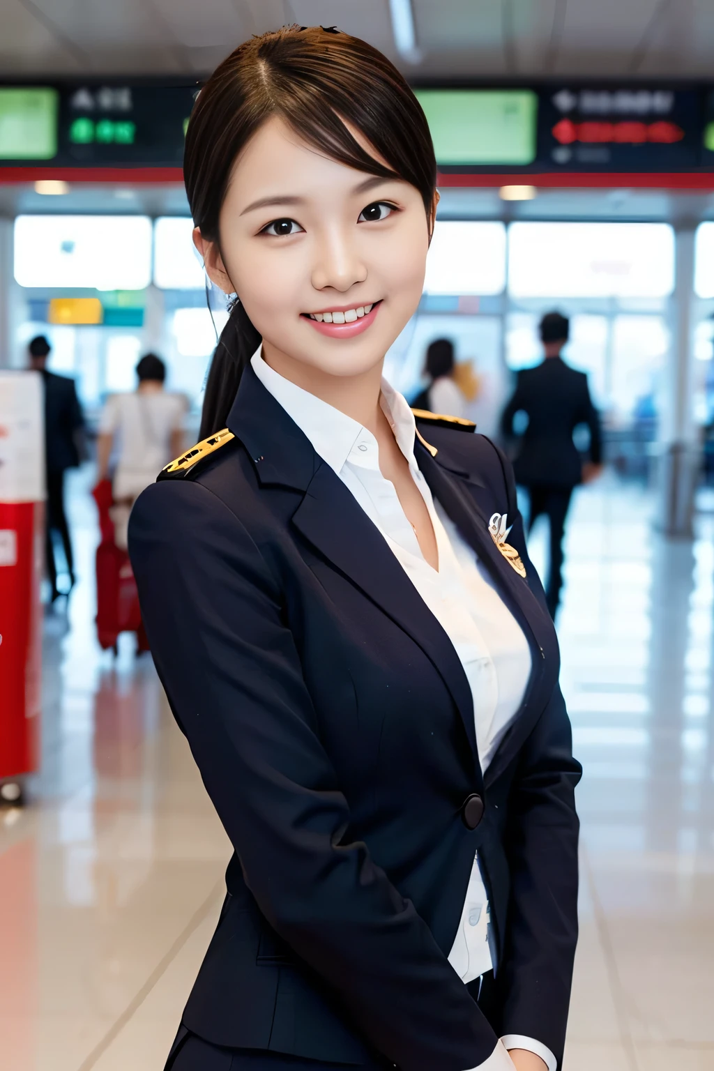 a gorgeous lady, age 22, Flight Attendant uniform, Shenzhen Airlines Stewardess,natural pose in airport, dimpled smile, short ponytail, cute snaggleteeth, well-endowed round bosom, photorealistic, beautiful detailed eyes, hyper-realism, high contrast, ultra HD, realistic skin textures, top image quality, top-quality, super high resolution, fine details, very meticulously, head to waist, bokeh background