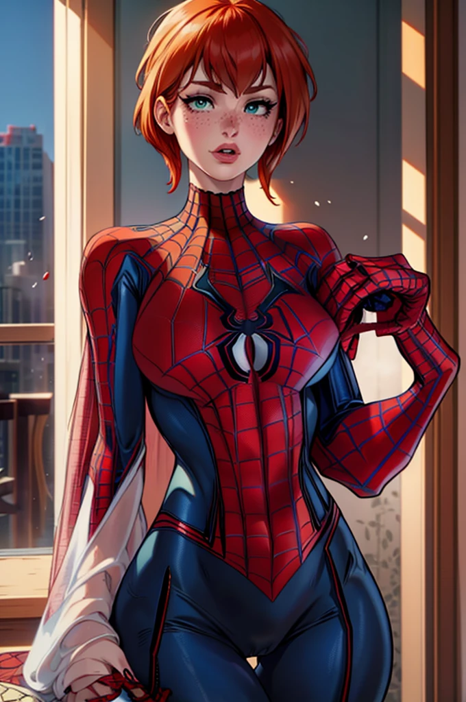 a mid shot of Mary Jane Watson (wearing a tight spider-man costume:1.4), (dressed as spider-man:1.4), (redhead, ginger, big green eyes), beautiful, gorgoues face, big pink lips, cheekbones, snokey eyes, freckled, sharp nose, jawline, skinny, slender, slim, ((ultra realistic)), (highly detailed face, big fake lips), beautiful lighting, smooth skin, bright image, bright colours, (hyperreal, realism), posing seductively