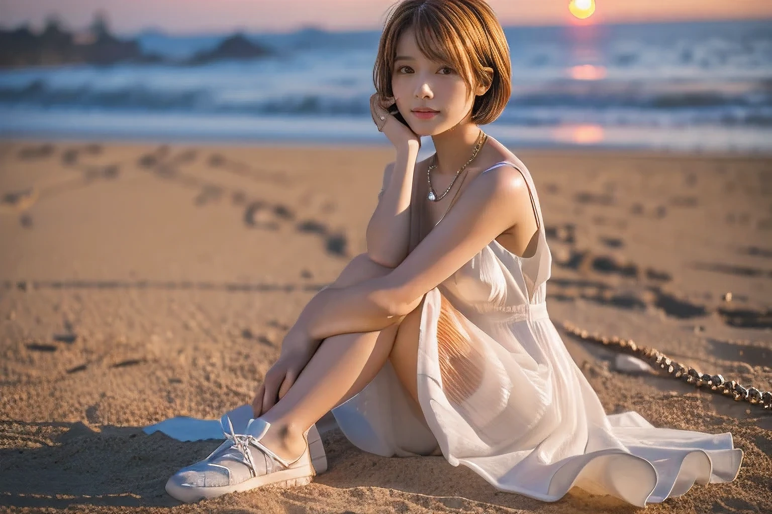 (Sitting on the beach hugging her knees:1.5)、(Not looking at the camera、Beautiful profile looking into the distance:1.5)、(Profile of a woman looking at the beautiful sunset over the sea、18-year-old female:1.5)、(The best quality at its best:1.4), (Super detailed), (Very detailed CG unified 16k), Beautiful woman with perfect figure: 1.4, Sharp focus: 1.2, Very detailed, High-quality RAW color photos, Professional photography, Great face and eyes, cosmetics, (Amazingly beautiful girl), ((Summer white dress:1.5)), Realistic movie faces, Full body long view from head to toe, Realistic, ((Realistic natural orange red hairstyle)), ( Short Bob Hair:1.5), (necklace:1.5)、, Very beautiful face, Perfect model beauty, Mouth swelling, Highly detailed face and skin texture, Fine grain, double eyelid, Medium chest, (masterpiece), Highest quality, High resolution, Very detailed, Blurred Background, Depth of written boundary, Cinema Lighting, Great legs, , Clear, well-maintained skin,((Full body shot from head to toe:1.5))