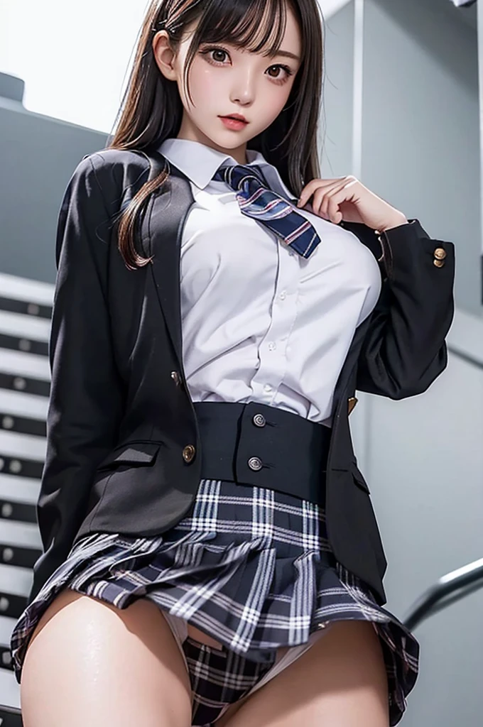 Top quality, high image, 1 woman, 18 years old, school stairs, black jacket, Medium breasts,white blouse,(plaid miniskirt), cotton panties,upskirt from below