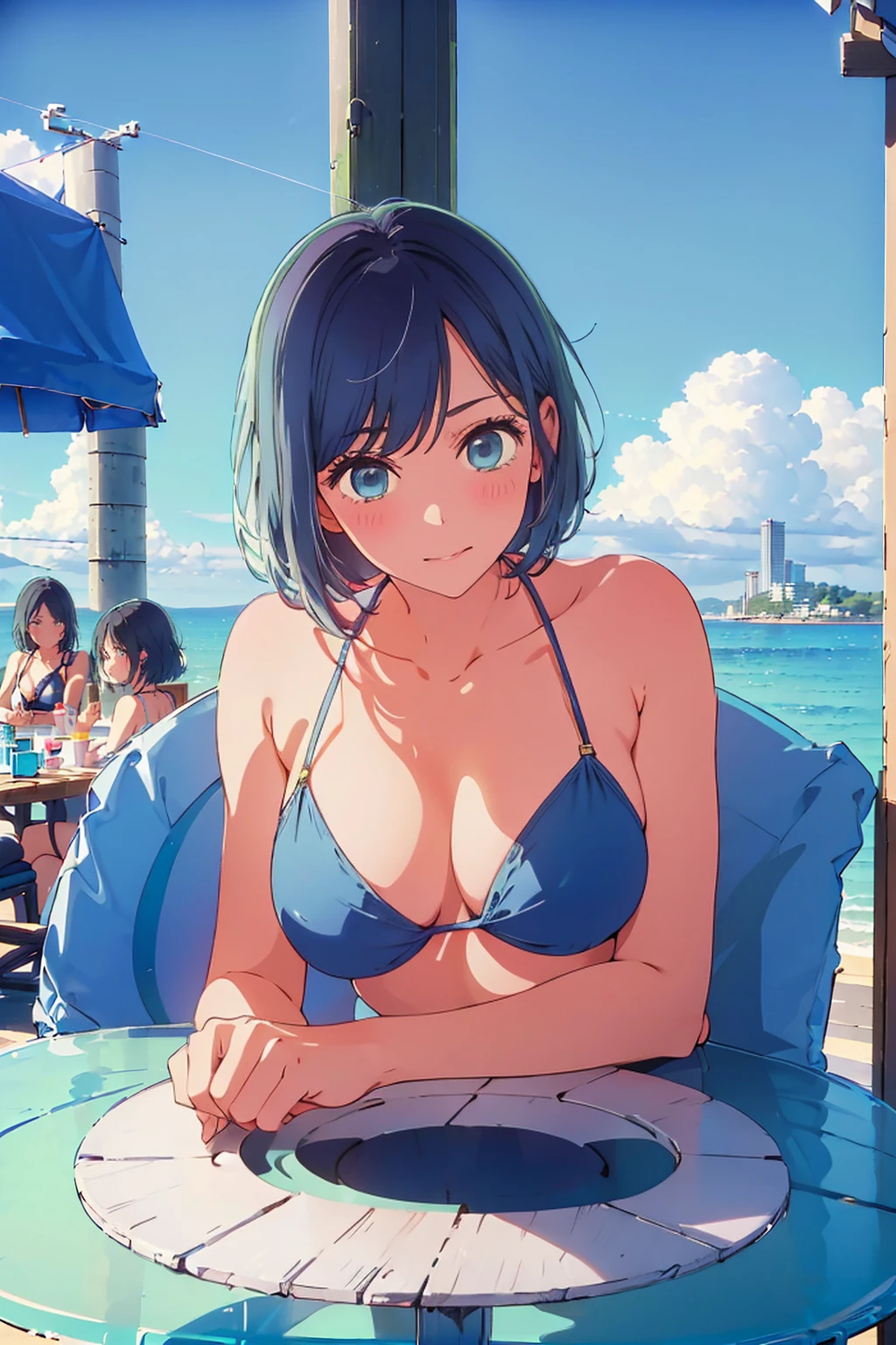 (Highest quality:1.4、8k:1.4、detailed)、F cup bust、Big Breasts、Slim and beautiful arms、Slim body、Very white beautiful skin、((((1 person、smile、smile、sit、Chair、In the background are the urban buildings of Tokyo、looking at the camera、Outdoor café terrace、coastal、Navy hair color、juice、White side string high leg bikini、Shooting up close、table、Very cute face))))、(Hair tucked behind ear:1.4)、Very blue sky、A completely cloudless sky、She tilted her head slightly、The atmosphere is bright and lively、The woman is at the center of the image。