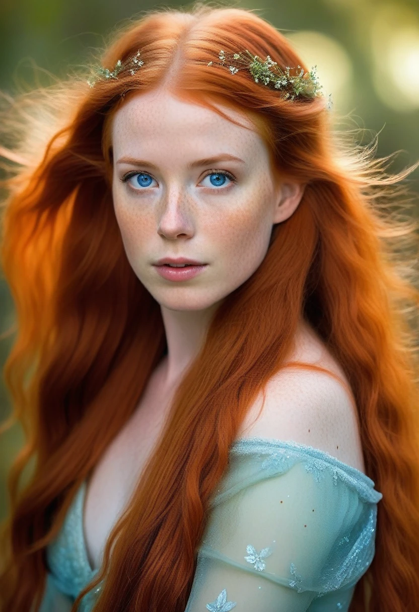 elizabeth holmes as tinker bell, exquisite detail, award winning photography, dramatic lighting, long luxurious light red hair, long red hair and blue eyes, long red hair and big eyes, red flowing hair, silken red hair, long red flaming hair, flowing red hair, long glowing ethereal hair, freckles on chicks, (freckles:1.2)
