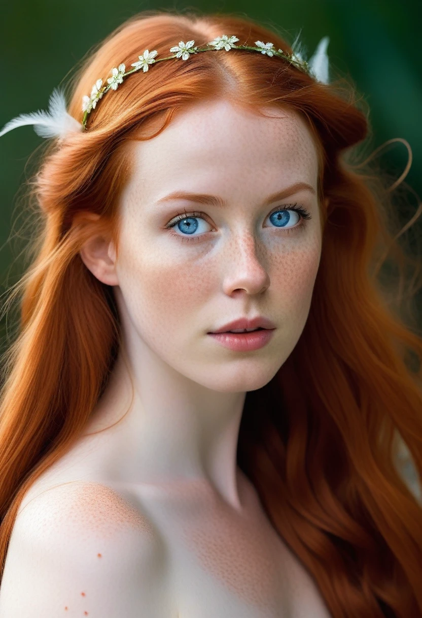 elizabeth holmes as tinker bell, exquisite detail, award winning photography, dramatic lighting, long luxurious light red hair, long red hair and blue eyes, long red hair and big eyes, red flowing hair, silken red hair, long red flaming hair, flowing red hair, long glowing ethereal hair, freckles on chicks, (freckles:1.2)