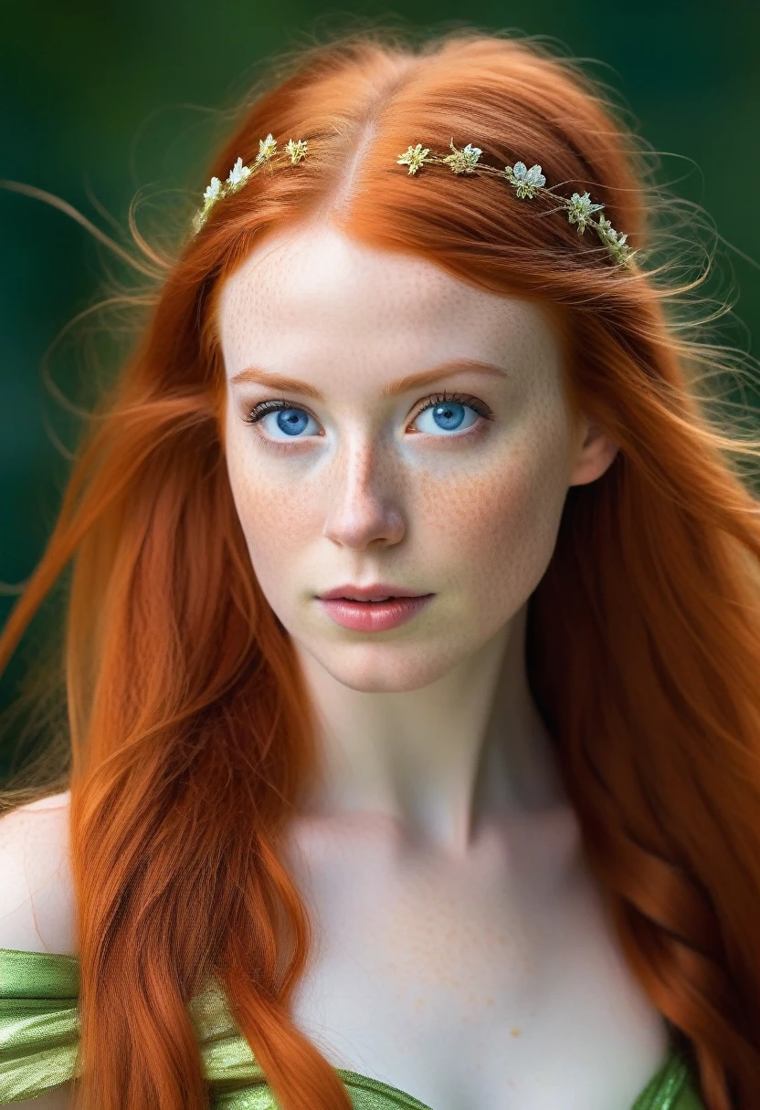 elizabeth holmes as tinker bell, exquisite detail, award winning photography, dramatic lighting, long luxurious light red hair, long red hair and blue eyes, long red hair and big eyes, red flowing hair, silken red hair, long red flaming hair, flowing red hair, long glowing ethereal hair, freckles on chicks, (freckles:1.2)