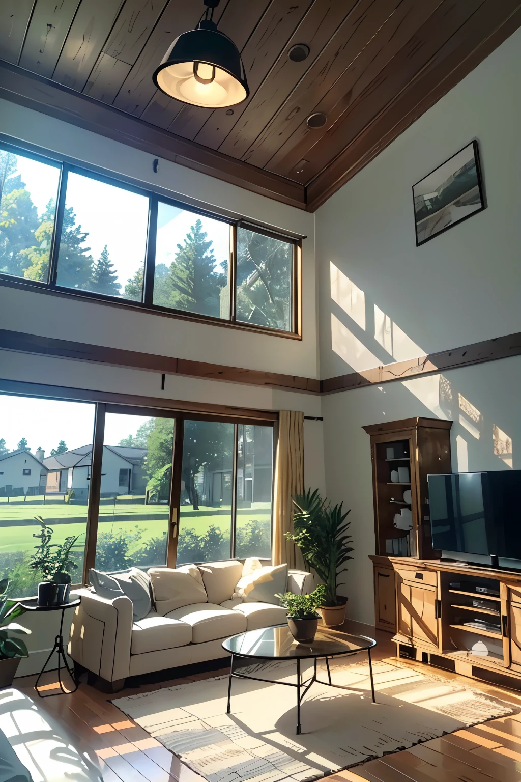 (Masterpiece, Country Style Living Room)
(High Quality, Retro White Ceiling)
(Natural Light, Dynamic Lighting)
(L-Shaped Fabric Sofa with Textured Pattern, Long Table with Coffee Accents)
(Wooden Floor, Polished and Radiant)
(TV Wall with Wooden Framing and High-Definition Screen)
(Audio-Visual Equipment, Hidden in Sleek Cabinets)
(One Floor-to-Ceiling Window, adorned with Potted Plants and Decorative Blinds)
(Natural Materials and Textures, Throughout the Room)
(High-Resolution, 