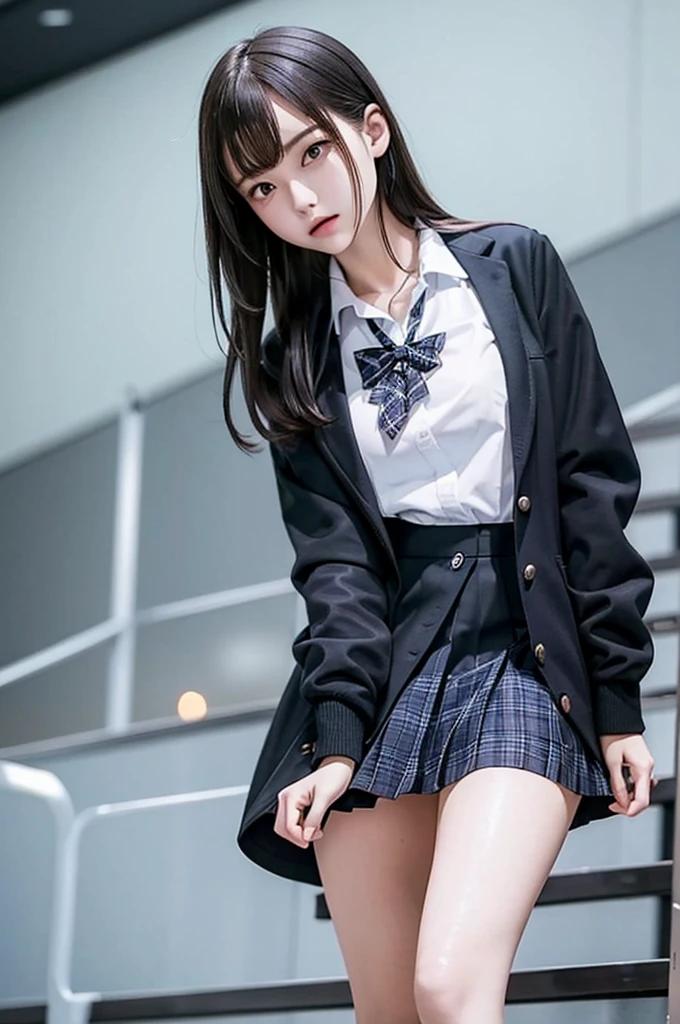 Top quality, high image, 1 woman, 18 years old, school stairs, black jacket, Medium breasts,white blouse,(plaid miniskirt), cotton panties,upskirt from below