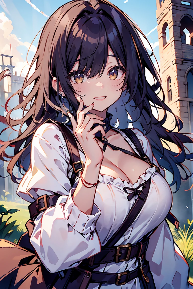 (masterpiece:1.2), (high quality:1.2), girls with((black hair, (tits cleavage:1.15), (waving is hands:1.2), (breasts close up:1.15), (suspenders:1.2), (dress:0.65), (blue clothes:1.05), (belts:0.7), (frills shirt:1.2), (white knit sweater:1.2), (frills camisole:1.2), exposed breasts, straps, (turtleneck clothes:1.1), (cross:1.05), upper body, (long wavy hair:1.2), (one side up:1.2), nun, long sleeves, (perfect hands:1.05), (five fingers:1.05))), background with((fantasy world, ruin, castle, beautiful sky, shining sky, sunshine))