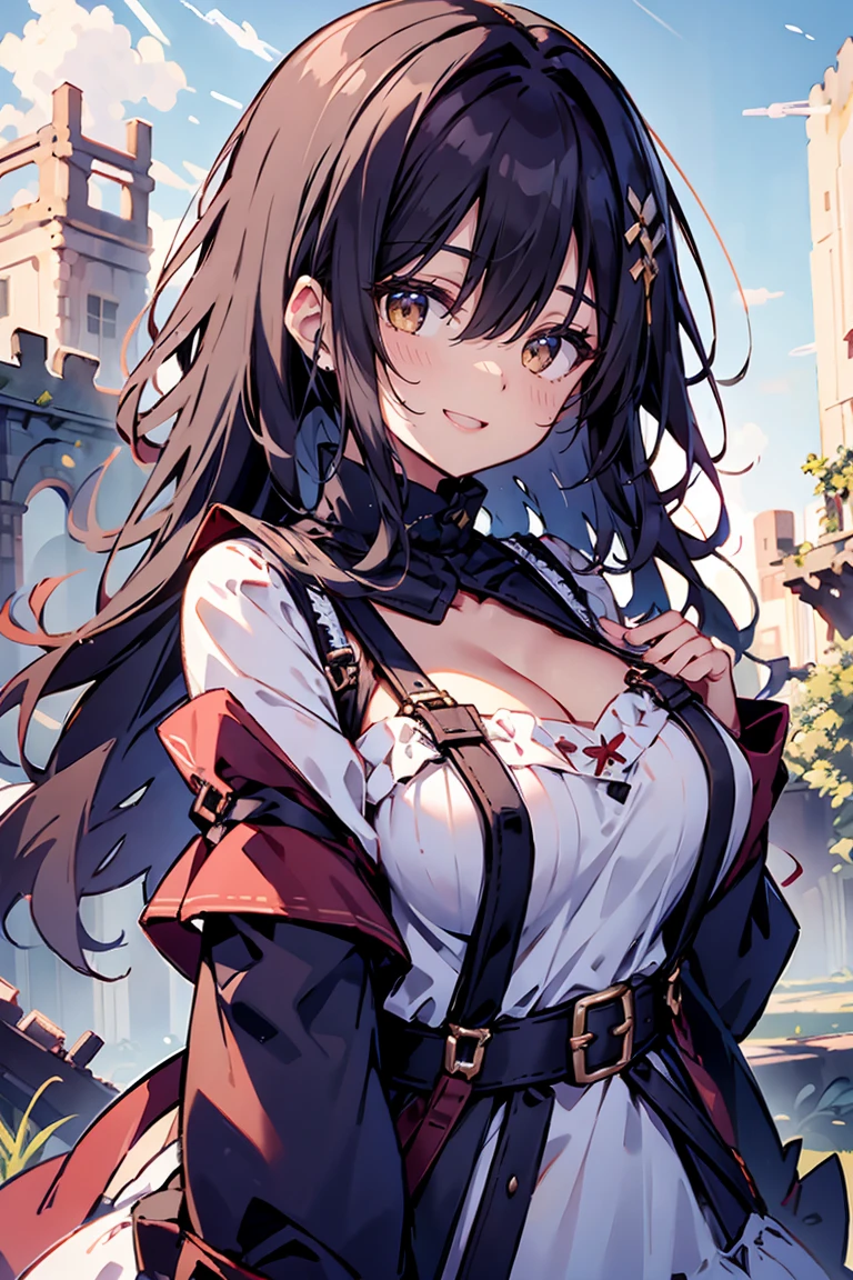 (masterpiece:1.2), (high quality:1.2), girls with((black hair, (tits cleavage:1.15), (waving is hands:1.2), (breasts close up:1.15), (suspenders:1.2), (dress:0.65), (blue clothes:1.05), (belts:0.7), (frills shirt:1.2), (white knit sweater:1.2), (frills camisole:1.2), exposed breasts, straps, (turtleneck clothes:1.1), (cross:1.05), upper body, (long wavy hair:1.2), (one side up:1.2), nun, long sleeves, (perfect hands:1.05), (five fingers:1.05))), background with((fantasy world, ruin, castle, beautiful sky, shining sky, sunshine))