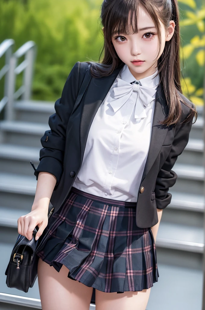 Top quality, high image, 1 woman, 18 years old, school stairs, black jacket, Medium breasts,white blouse,(plaid miniskirt), cotton panties,upskirt from below