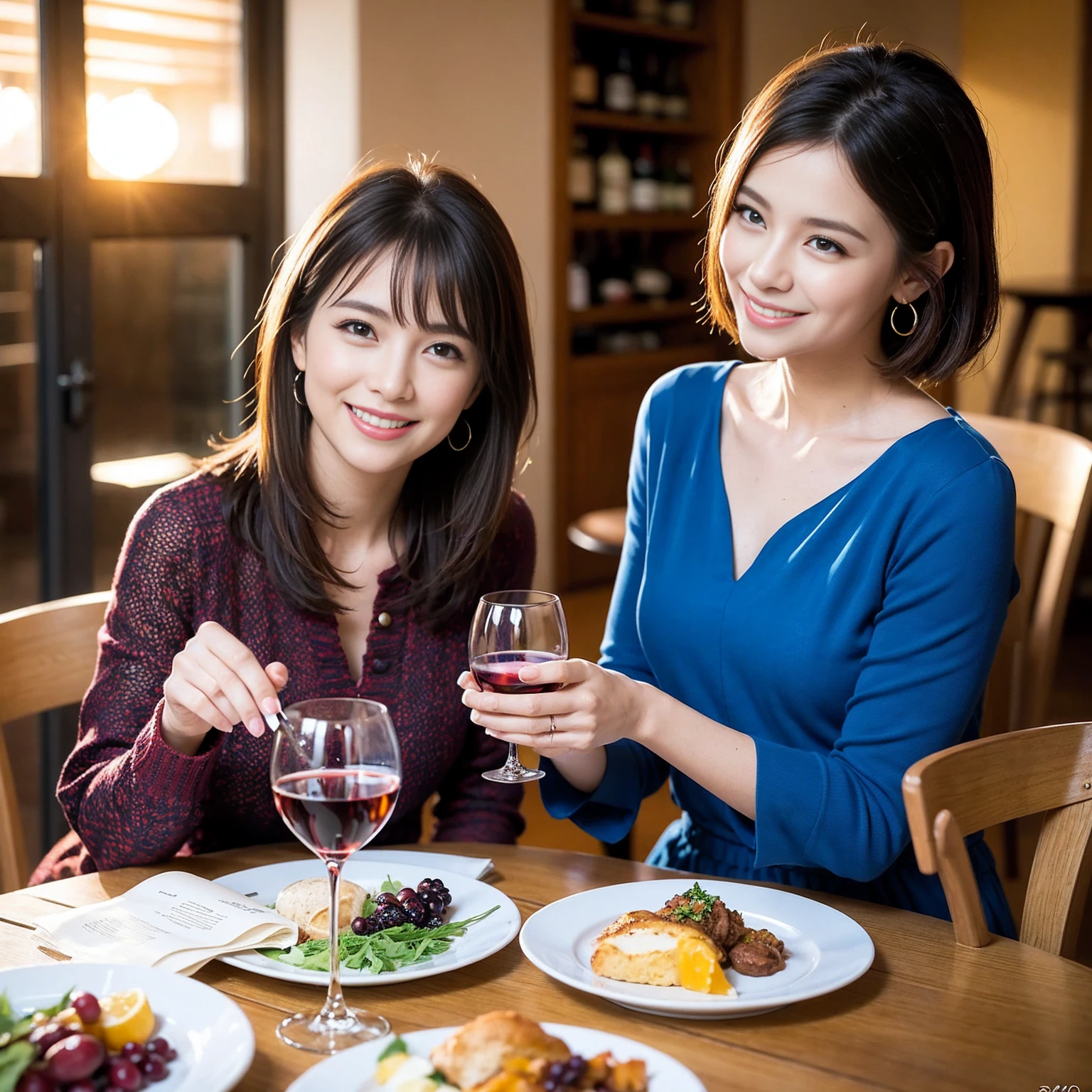 ((Highest quality、8k、masterpiece:1.3))、 (Genuineistic, Genuine、Bright image、Intricate details:1.2), 最高のsmile、1 male 1 female、Beautiful couple、spouse、fiancee、Good friends、actress couple、smile、A full-course dinner with a full table、 (Slim face), (the body is slim), (Brown Hair), (short hair), テーブルのwine glass、Please shine a light on my face、 Amazing view of the sunset sky and clouds、 (42 years old)38 years old, red wine 、Wine bottle、sparkling wine、Long sleeve shirt、Blue Dress、White wine, red wine, wine glass,