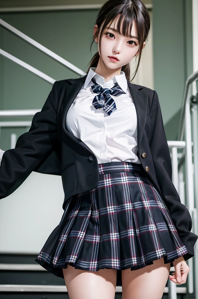Top quality, high image, 1 woman, 18 years old, school stairs, black jacket, Medium breasts,white blouse,(plaid miniskirt), cotton panties,upskirt from below