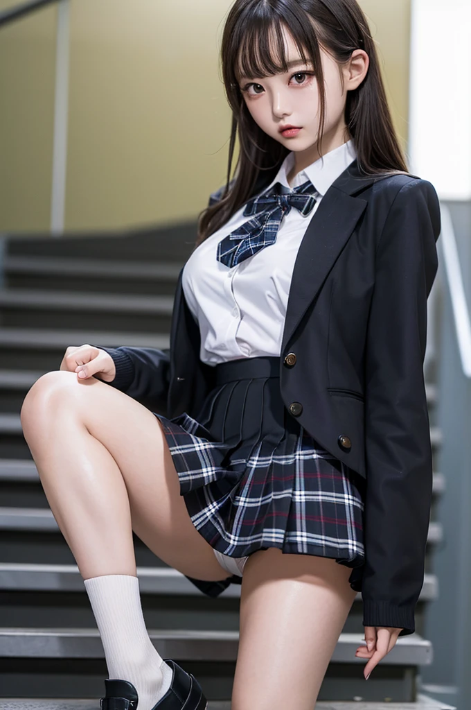 Top quality, high image, 1 woman, 18 years old, school stairs, black jacket, Medium breasts,white blouse,(plaid miniskirt), cotton panties,upskirt from below