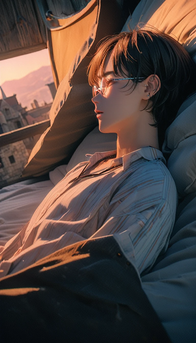 (((8K,RAW photos,best quality,masterpiece:1.4))),(((Lay flat,Man sleeping in bed))),Ultra-high resolution,Extremely detailed,light,Handsome man,Brown eyes,(delicate eyes,Eyes are bright:1.2),Black hair,Plaid shirt,Dark casual pants with white sneakers,A badge is hung around his neck,(perfect anatomy:1.2),High-quality shadows,Natural Lighting,(The light crimson sky:1.2),night,(Silver thin-rimmed glasses:1.2),(Painful expression:1.2),(Medieval room:1.2),